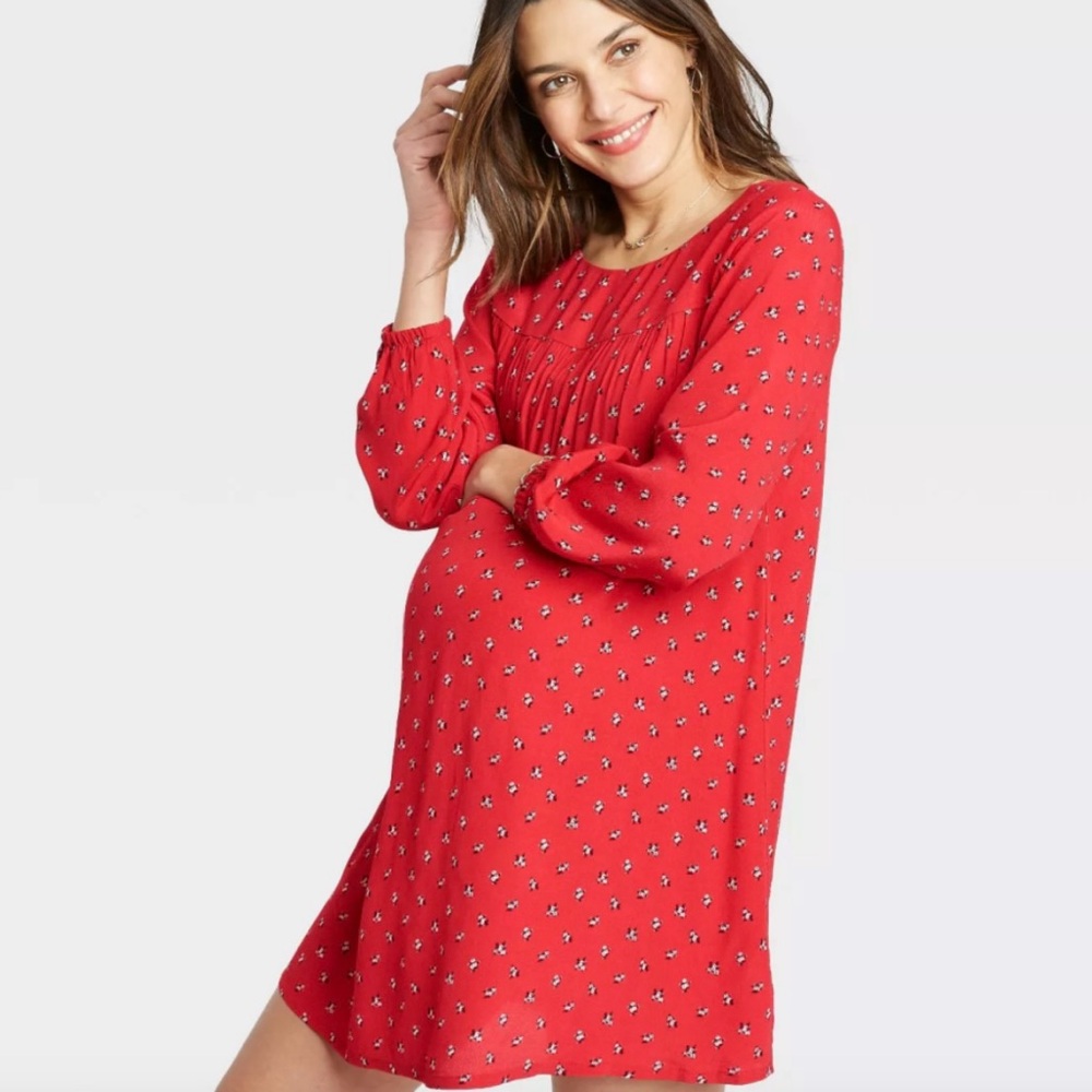 The Nines By Hatch Red With Florals Long Sleeve Maternity Dress Womens Size XL